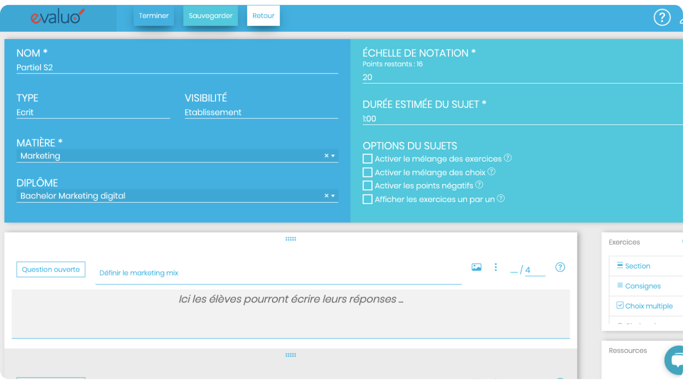 Interface de création de sujets Evaluo, choisissez entre de multiples formes de question