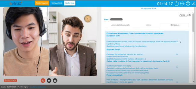 Passage d'une soutenance orale sur la plateforme Evaluo